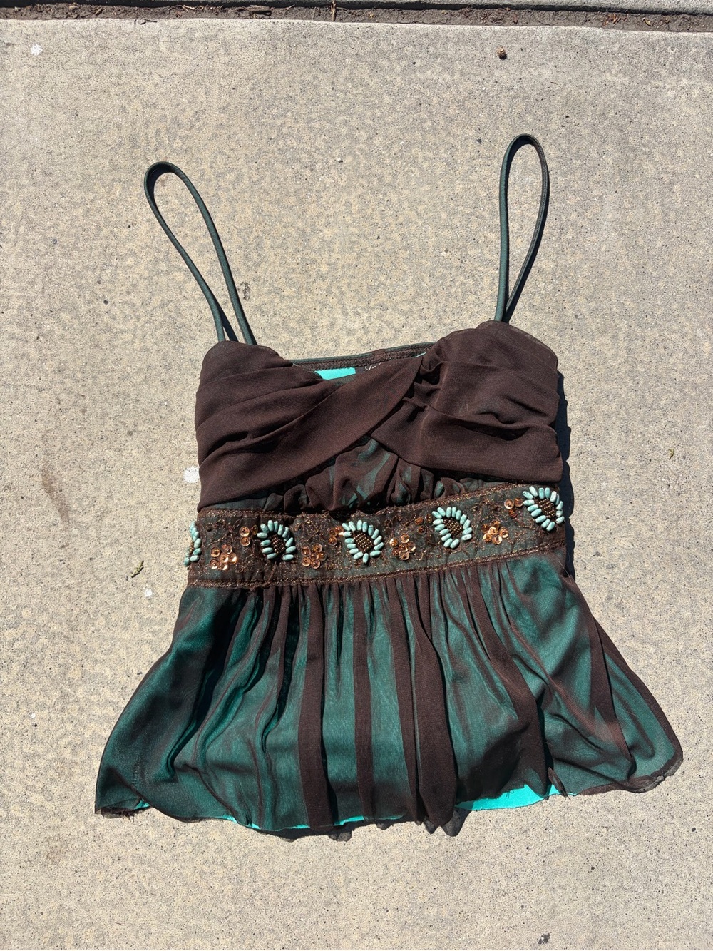 Embellished Brown and Teal Spaghetti-Strap Camisole